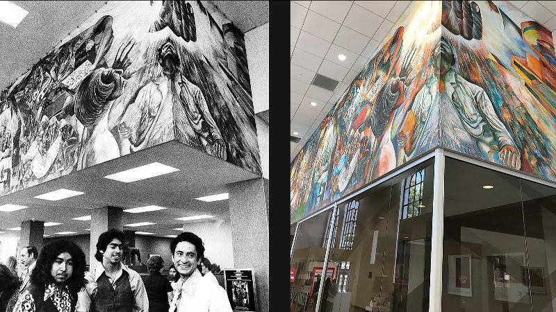 Artists Luis J. Cortazar, Jaime Camillo and Jesus Campusano in June 1974, standing before the mural located inside the Bank of America branch at 2701 Mission Street, San Francisco, California
